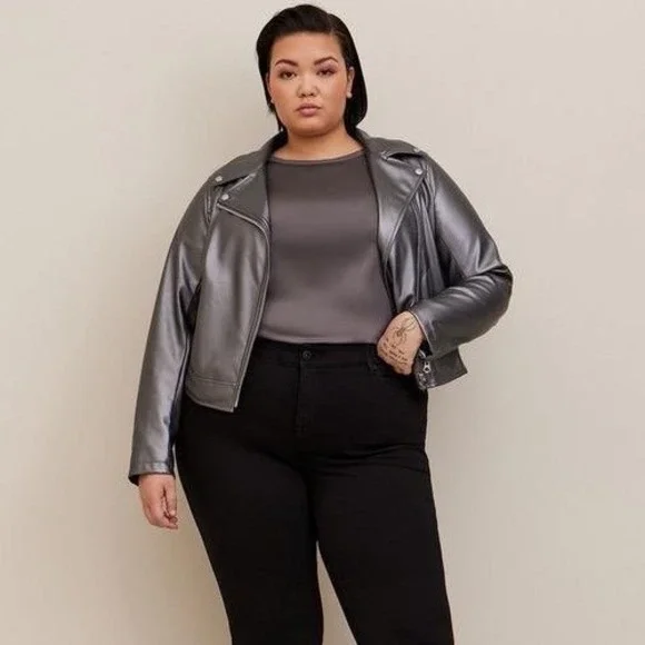 Torrid Plus Size 0X Metallic Faux Leather Moto Biker Jacket Silver Gray - Picture 2 of 11